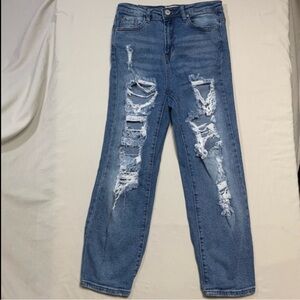 🆕 ALMOST FAMOUS Baggy Dad Jeans Women's 5 Destroyed Blown Out Ripped Blue Denim